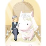 ソダシが今浪さんに連れられて教会のバージンロードを歩いているイラスト