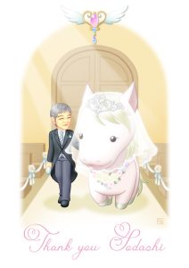 ソダシが今浪さんに連れられて教会のバージンロードを歩いているイラスト